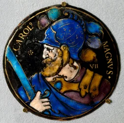 Darstellung von Karl dem Großen (742-814), König von Frankreich. Medaillon in Emaille aus Limoges aus dem 16. Jahrhundert. Ecouen, Nationales Renaissancemuseum