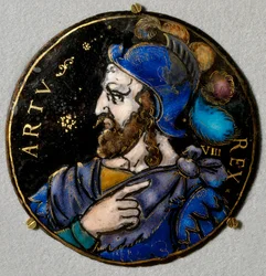 Darstellung von König Artus, legendärer König der Bretonen (6. Jahrhundert). Medaillon in Emaille aus Limoges aus dem 16. Jahrhundert. Ecouen, Nationales Renaissancemuseum