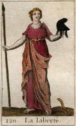Darstellung der Freiheit als Frau mit einer phrygischen Mütze und einem Spaten. Aus „Mythologie de la jeunesse“ von Pierre Blanchard 1803.