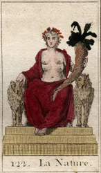 Darstellung der Natur als Frau auf einem Thron mit einem Füllhorn und vielen Brüsten, um alle Wesen zu ernähren. Aus „Mythologie der Jugend“ von Pierre Blanchard 1803