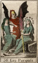 Darstellung der Parzen, Clotho, Lachesis und Atropos, Göttinnen des menschlichen Schicksals, von der Geburt bis zum Tod, als sehr alte Frauen beim Spinnen. Aus 