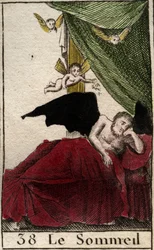 Darstellung von Schlaf, der ewig in einem Palast ruht, umgeben von geflügelten Träumen. Aus „Mythologie der Jugend“ von Pierre Blanchard 1803