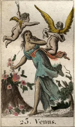 Darstellung von Venus, Göttin der Liebe, Schönheit und Fruchtbarkeit. Aus „Mythologie der Jugend“ von Pierre Blanchard 1803