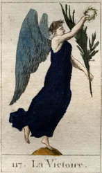 Darstellung des Sieges, geflügelte Frau mit einem Olivenzweig und einem Lorbeerkranz. Aus „Mythologie der Jugend“ von Pierre Blanchard 1803