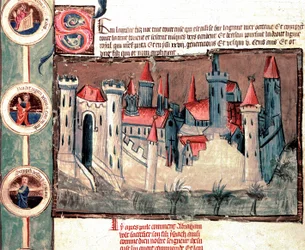 Darstellung einer befestigten Stadt in der Region Straßburg. Miniatur auf Pergamentrolle „Genealogie der Bibel“ (ms.199) 14. Jahrhundert Cremona, Biblioteca Governativa