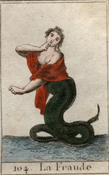 Darstellung des Betrugs (Unehrlichkeit) als gefährliche Schlange mit einem lächelnden Frauenkopf. Aus 