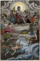 Darstellung der Versammlung der Götter auf dem Olymp oder der Zwölf Olympier. Aus „Mythologie der Jugend“ von Pierre Blanchard 1803.