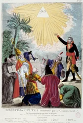 Darstellung der von Napoleon Bonaparte (1769-1821) gewährleisteten freien Religionsausübung aller Religionen: Der Erste Konsul weist auf das Dreieck der Dreifaltigkeit, das Gott symbolisiert, begleitet von den Vertretern der einzelnen Religionen: einem