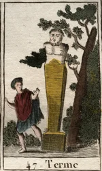 Darstellung des Gottes Terme, in Form eines Terminals, um Besitz und Land zu markieren. Aus „Mythologie de la jeunesse“ von Pierre Blanchard 1803.