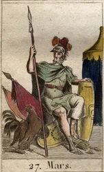 Darstellung des Kriegsgottes Mars, bewaffnet, neben einem Hahn. Aus „Mythologie de la jeunesse“ von Pierre Blanchard 1803.