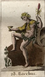 Darstellung des Weingottes Bacchus, der einen Becher in der Hand hält. Aus „Mythologie der Jugend“ von Pierre Blanchard 1803