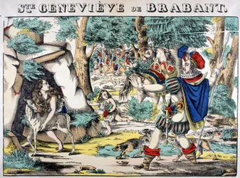 Darstellung der Legende von der heiligen Genoveva von Brabant. Szene der Begegnung zwischen Genoveva, die im Wald verlassen wurde, und ihrem Ehemann. Bild von Epinal