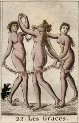 Darstellung der drei Grazien: Aglaia, Thalia und Euphrosyne, Töchter von Venus und Bacchus. Aus „Mythologie der Jugend“ von Pierre Blanchard 1803.