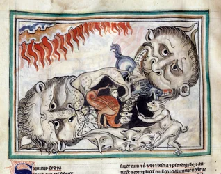 Darstellungen der Kreaturen der Unterwelt, die die Verdammten schlagen. Miniatur aus Die Apokalypse von Cambrai, illuminiert von der französischen Schule des 13. Jahrhunderts. Ms. 422. Stadtbibliothek, Cambrai