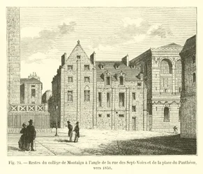 Überreste des Collège de Montaigu an der Ecke der Rue des Sept-Voies und des Place du Panthéon, um 1850