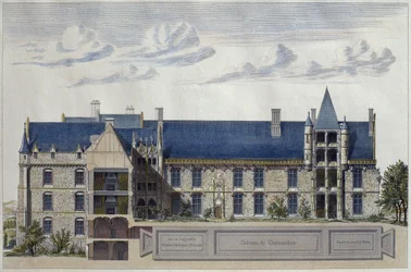 Restaurierung des Schlosses Chateaudun, Illustration aus Le Moniteur des architectes, graviert von H. Penel (Farbstich)