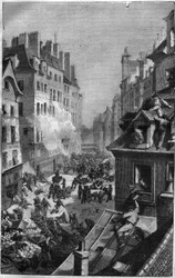 Revolution von 1830: Kampf im Faubourg Saint Antoine. Gravur in „Geschichte der Päpste-Könige-Königinnen und Kaiser durch die Jahrhunderte“ von Maurice Lachatre