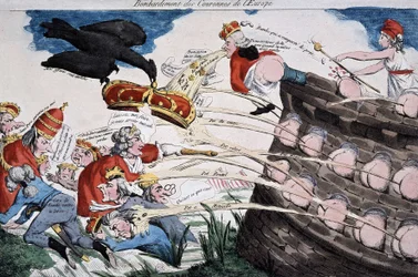 Revolutionäre Führer von Marianne bombardieren europäische Souveräne mit ihrem Mist. Karikatur veröffentlicht während der Französischen Revolution. Radierung. 1792. Musée Carnavalet.