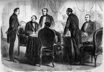 Risorgimento - Vertrag von Zürich - 10. November 1859: Unterzeichnung des Vertrags von Zürich durch die Bevollmächtigten von Frankreich, Österreich und Sardinien. Österreich muss die Lombardei an Italien abtreten. Gravur in „Le Monde Illustré“ Nr. 136 vom 