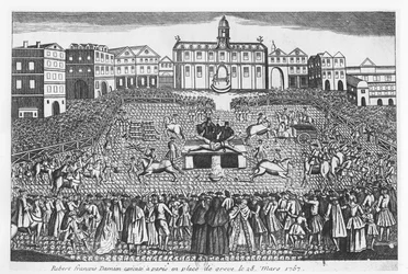 Robert-François Damiens wird am 28. März 1757 auf der Place de Grève in Paris hingerichtet