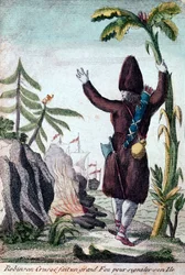 Robinson Crusoe macht ein Feuer, um auf seine Insel aufmerksam zu machen, Imagerie Basset (Farbgravur)