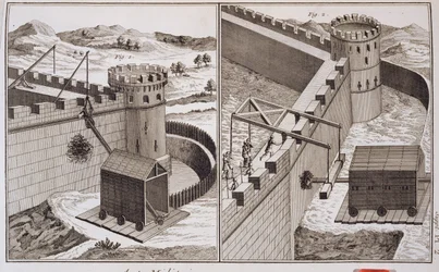 Römische Rammböcke, aus der Encyclopedie des Sciences et Metiers von Denis Diderot (1713-84), veröffentlicht um 1770