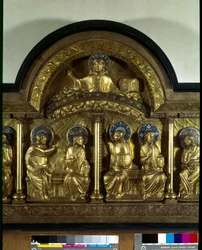 Romanische Kunst: Altaraufsatz zu Pfingsten: Antependium aus Holz, Kupfer und Email. Detail. Aus Stavelot (Maas). Um 1160-1170. Paris, Musée national du Moyen Âge, Thermes de Cluny