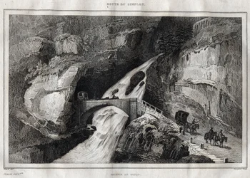 Route du Simplon - Gravur aus „Picturesque Italy“ von M. de Norvins, Ch. Nodier 1834-1836.