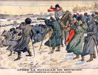 Russisch-Japanischer Krieg - Nach der Schlacht von Mukden Der russische Kommandant, General Kuropatkin, befiehlt den Rückzug seiner Armee. Russisch-Japanischer Krieg (1904-1905) - Nach der Schlacht von Mukden. General Kuropatkin befiehlt seinen Truppen den