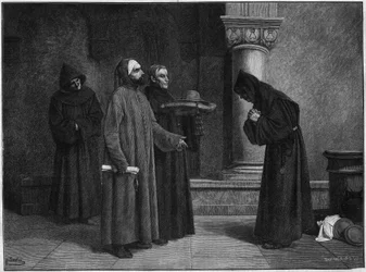 Heiliger Bonaventura (Giovanni di Fidanza, bekannt als Doctor Seraphique, San Bonaventura) (1221-1274) erhält den Kardinalshut. Er wurde 1273 von Gregor X. zum Kardinalbischof von Albano geweiht. Gravur von Bauchart nach einem Gemälde von Santar.