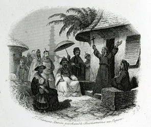 Der heilige Franz Xaver predigt das Christentum in Japan. Gravur zur Illustration der Geschichte und Beschreibung Japans von Pater de Charlevoix, A. Mame et Compagnie, Tours