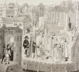 Saint Gaugericus, Bischof von Cambrai, kommt zur Stadt für seine Ernennung, aus 