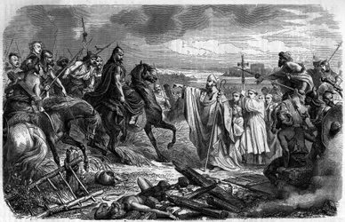 Saint Loup (oder Saint-Loup, ca. 383-479), Bischof von Troyes, rettet die Stadt vor dem Zorn von Attila (ca. 406-453), dem König der Hunnenstämme im Jahr 451 - Barbarische Invasionen - Stich in „Histoire des Papes-Rois-Reines-et-Empereurs à travers les siè