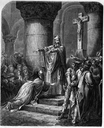 Der heilige Medard von Noyon (gestorben 560) bietet der heiligen Radegonde (ca. 520-587), Ehefrau von König Clothaire, religiöse Kleidung an