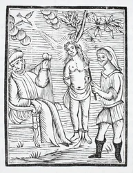 Die heilige Reine wird gefoltert, ihre Haut wird von Eisenkämmen zerrissen, auf Befehl von Olibre, weil sie sich weigert, ihren Glauben zu verleugnen