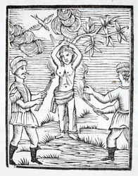 Die heilige Reine wird an zwei Pfähle in Form eines Kreuzes gefesselt und mit Fackeln in Brand gesetzt