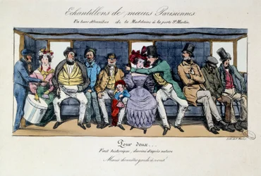 Beispiel Pariser Sitten: eine Bank des Omnibusses von der Madeleine zum Tor Saint Martin. Drucke des 19. Jahrhunderts. Paris, Musée Carnavalet