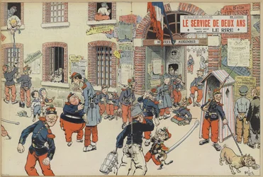 Satire auf die Einführung der Wehrpflicht in die französische Armee. Illustration für Le Rire