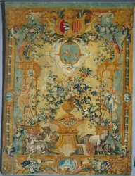 Savonnerie-Panel: Frühling mit Wappen, hergestellt von Savonnerie-Fabrik, Frankreich, vor 1717