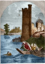 Skandal (Affäre) des Turms von Nesle: Buridan entkam 1314 aus dem Turm von Nesle in Paris trotz der von Königin Margarete von Burgund (1290-1315) gestellten Falle. Gravur in „Histoire de la prostitution et de la débauche dans les peuples du g“