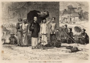 Marktszene in Saigon, Gravur nach einer Zeichnung von D. Maillard, die die Reise nach Cochinchina von Doktor Morice in 1872 illustriert, veröffentlicht in "Le tour du monde" 1875, herausgegeben von Edouard Charton, Hachette-Ausgabe, Paris. Selva-Sammlung