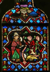 Szene im Ostfenster, Darstellung von St. Samson verwandelt Schweine in Ziegen