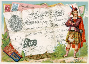 Schottischer Soldat, der eine Bank of England Fünf-Pfund-Note bewacht, 1886-95