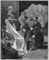 Bildhauerei, Werkstatt eines Bildhauers, Fokus und Skulptur einer Büste. Gravur von 1880 in „Les arts et métiers illustrés“ von Adolphe Bitard.