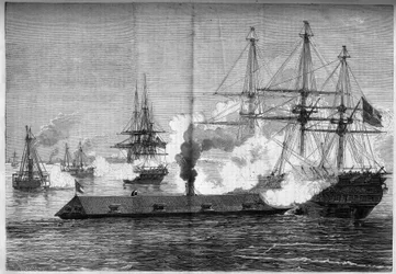 Sezessionskrieg (1861-1865) oder Amerikanischer Bürgerkrieg - Seeschlacht von Newport News (Virginia) - 8.-9. März