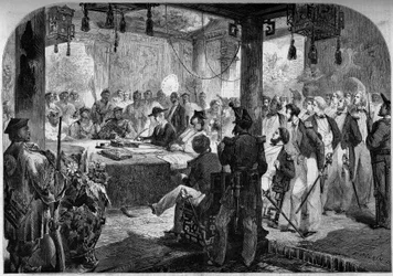 Zweiter Opiumkrieg zwischen Frankreich, England und China (1858-1860) - Unterzeichnung des Vertrags von Tianjin (Tientsin) im Jahr 1858: die englischen und französischen Botschafter Lord Elgin (James Bruce)