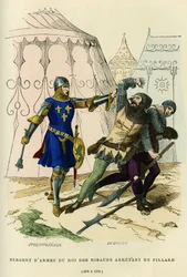 Waffenknecht des Königs der Ribauds (Anführer der um 1189 von Philipp August, auch Philipp II. von Frankreich, 1165-1223, aufgestellten irregulären Miliz mit bestimmten Polizeiaufgaben), der einen Plünderer festnimmt (1290 bis 1330). Farbstich, in „France