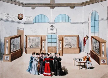 Bühnenbild für eine Operette mit Frauen als Telefonistinnen in einer zentralen Telefonzentrale, späte 19. Jahrhundert (Farblithografie)