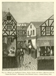 Läden in einer Apothekerstraße: Barbier, Kürschner und Schneider