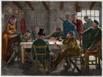 Sizilianische Mafia im 19. Jahrhundert: Verhör eines Landbesitzers durch sizilianische Mafiosi im Jahr 1873. Gravur von 1873.